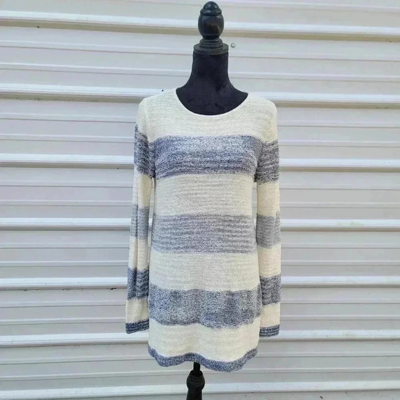 Calvin Klein Jeans Womens Striped Split-Back Sweater Contrast Ivory Gray M - Picture 12 of 12
